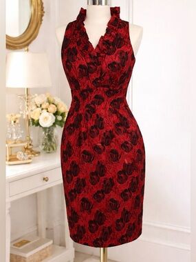 Fuchsia & Black Floral Sheath Dress Sleeveless Size 8 M wedding Event